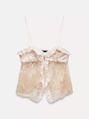 ZARA Sheer Sequin Ruffle Cami Top - Light Pink
